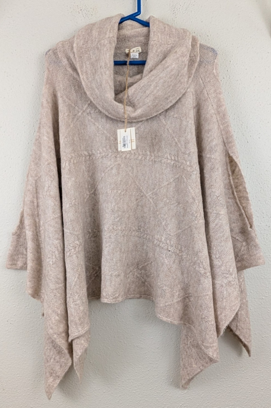 New World Market One Size OS Cowl Neck Poncho Sweater oatmeal lightweight 1802